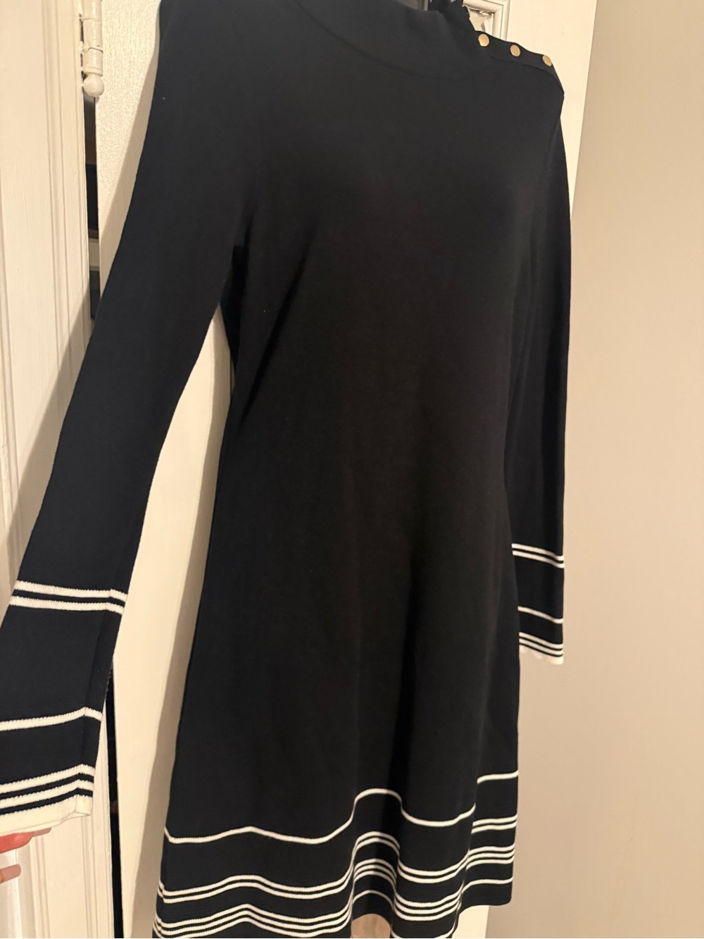 Ann Taylor Black White Striped Trim Mock Neck Sweater Dress Gold Buttons Medium - Picture 3 of 7